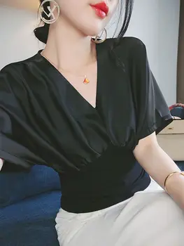 Модная офисная женская рубашка с V-образным вырезом и складками во французском стиле, атласная повседневная женская блузка с рукавами-крылышками