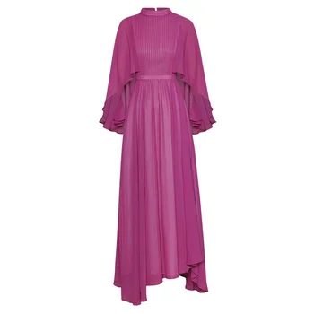 Модные летние женские платья Макси с воротником-стойкой и рукавом-бабочкой, асимметричные фиолетовые Платья Макси