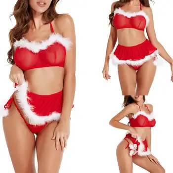 Модный женский рождественский костюм, перспективный Сексуальный комплект из 3 предметов, Красная пижама, ролевая игра, европейское и американское эротическое белье
