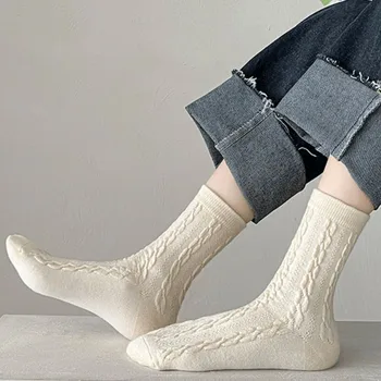 Мягкие зимние Шерстяные Модные Сладкие Толстые Однотонные носки в корейском стиле, Хлопчатобумажные Чулочно-носочные изделия, Женские Носки Средней длины