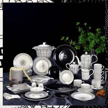 Набор посуды Black line bone керамическая европейская роскошь с 58 головками, китайская и западная посуда с 69 головками, бытовая посуда с 10 чашами