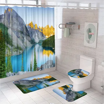 Набор штор для душа с горным пейзажем Для декора ванной комнаты, Экран с пейзажем Голубого озера, Противоскользящий коврик, Коврик для ванной, Крышка унитаза