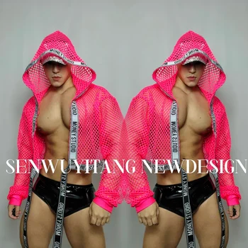 Новая популярная флуоресцентная розовая сексуальная куртка с кепкой, одежда для выступлений в атмосфере ночного клуба DJ для мужчин и женщин