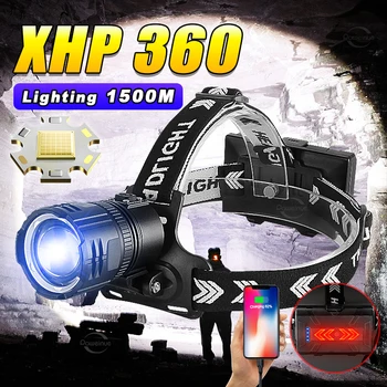 Новейший мощный Налобный фонарь для рыбалки XHP360, супер яркая перезаряжаемая фара, мощный головной фонарик 18650, головной фонарь для кемпинга