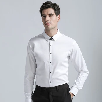 Новое поступление Брендовых мужских рубашек Обычной посадки, Высококачественная рубашка из смеси хлопка с длинными рукавами, Однотонная мужская деловая рубашка