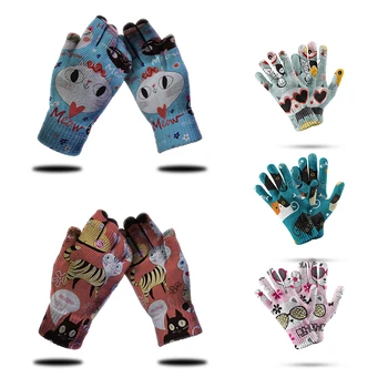 Новые модные вязаные перчатки с сенсорным экраном Cat, Женские варежки с милыми мультяшными животными, Спортивные Мужские перчатки для верховой езды, соединяющие палец