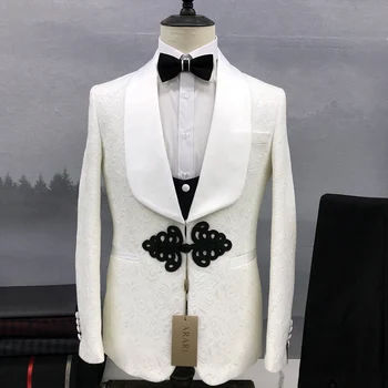 Новый Модный Мужской деловой деловой костюм из трех предметов с белым узором, приталенный костюм для Свадьбы, Жениха, званого ужина, концерта, пальто, жилет, брюки
