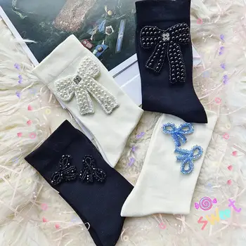 Носки Kawai Lolita с бантом и жемчугом, носки со стразами, носки для студентов в японском корейском стиле, студенческие носки Harajuku, милые носки средней длины