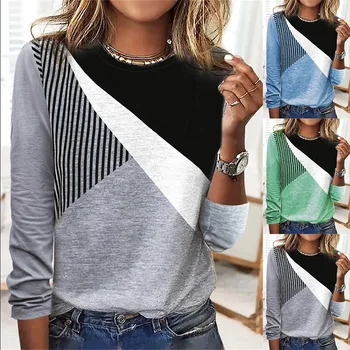 Осенне-зимняя женская футболка с круглым вырезом и контрастной полосатой подкладкой, футболка с длинным рукавом и принтом, Модный повседневный универсальный женский топ