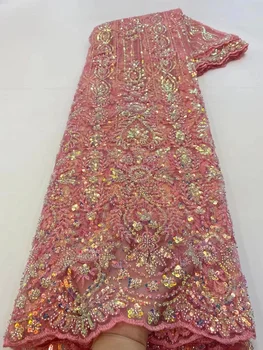 Персиковая Африканская кружевная ткань с пайетками, Высококачественная вышивка из тяжелого бисера, Французский Тюль, кружево Для Нигерийского свадебного платья