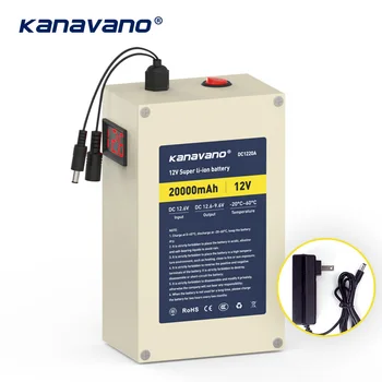 Портативная пластина Kanavano 12V 20AH Перезаряжаемая литиевая аккумуляторная батарея 18650 и зарядное устройство переменного тока 12,6 V 2A с 4 видами штекеров