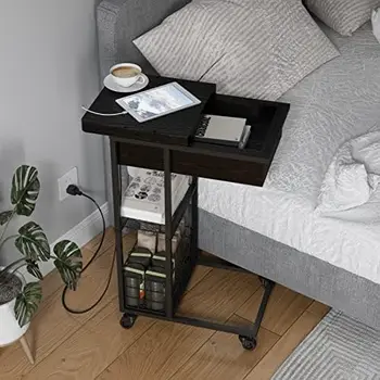 Прикроватный столик с зарядной станцией, Откидной приставной столик с USB-портами и розетками, Приставной столик для дивана для небольших помещений, C
