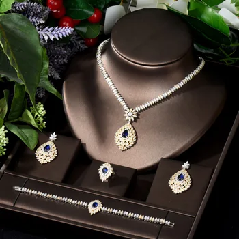 Распродажа HIBRIDE, Винтажный комплект ювелирных изделий в Дубае, 2 тона, для женщин, свадебные серьги с кубическим цирконием и ожерелье, комплект бижутерии