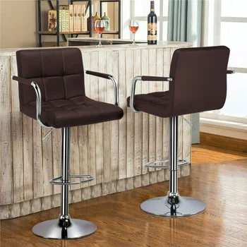 Регулируемый барный стул из искусственной кожи с высокой спинкой, 2 шт., коричневый