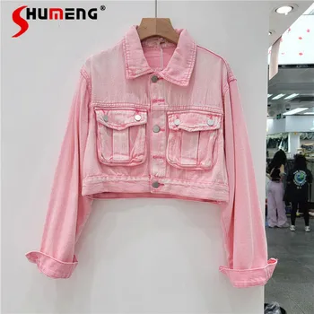 Розовая Джинсовая куртка для женщин, Новинка 2023, Корейский Стиль, Свободный Ковбойский Топ с рукавом 