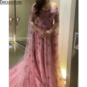 Розовое вечернее платье из Дубая с открытыми плечами и лентами в складку, Трапециевидное роскошное вечернее платье из Саудовской Аравии, расшитое бисером и блестками