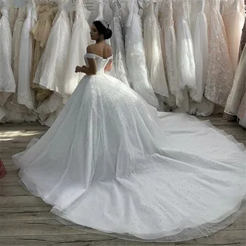 Роскошное Свадебное платье с открытыми плечами, расшитое жемчугом, с V-образным вырезом, на шнуровке, Блестящие свадебные платья De Mariée, Vestidos De Novia
