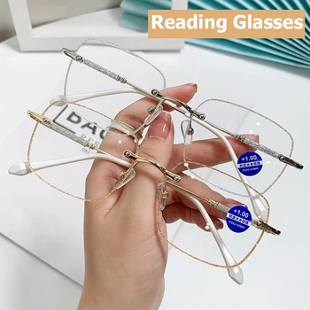 Роскошные Очки для чтения с алмазной огранкой Без оправы, женские модные Прозрачные очки с увеличителем, Компьютерные Оптические очки для дальнего прицела