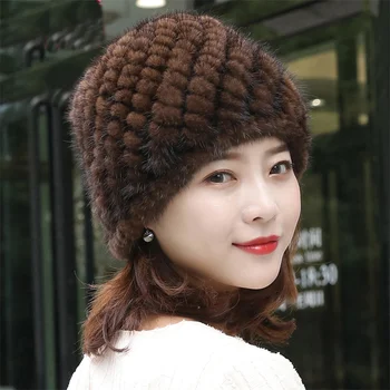 Российская Новая зимняя женская шапка из натурального меха норки, вязаная теплая полосатая шапка из натуральной норки, женская хорошая эластичная шапка из натуральной норки