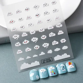 Свежие облака, наклейки для дизайна ногтей, 5D тисненые белые Облака с выражениями, Дизайн рисунка, ультратонкий слайдер, Очаровательные наклейки для маникюра
