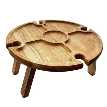 Складной столик из натурального дерева с пазами для бокалов, Складной столик круглой формы для вечеринки в саду, пикника, кемпинга