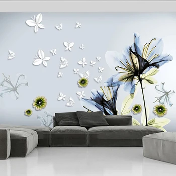 Современные абстрактные обои 3D стерео Бабочка Прозрачная цветочная роспись Гостиная ТВ Спальня Самоклеящиеся водонепроницаемые наклейки