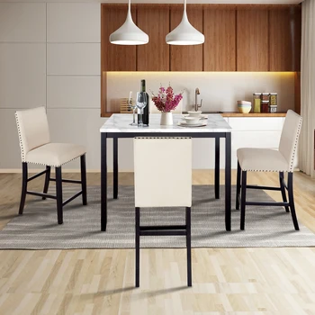Современный обеденный набор из искусственного мрамора высотой 5 см, Обеденный стол со стульями в тон и мраморным шпоном для гостиной