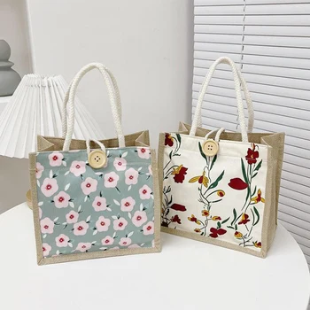 Сумка в японском стиле на Рождество, Повседневная Льняная холщовая подарочная сумка, Модная сумка для покупок с цветочным принтом, женская сумка для девочек, Портативная