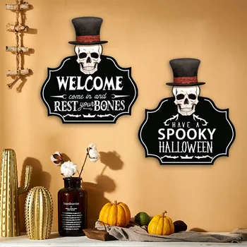 Украшение в виде скелета на Хэллоуин, Дверной приветственный знак, Деревянные подвесные аксессуары для украшения комнаты