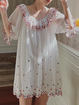 Французская Фея, Винтажное ночное платье Принцессы, Свободная Милая пижама с вышивкой, Женская ночная рубашка в викторианском стиле с короткими рукавами и оборками