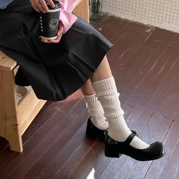 Хлопчатобумажные вязаные Длинные носки, Чулки, Осенне-зимние теплые гольфы, японские модные однотонные школьные носки для девочек, Чулки
