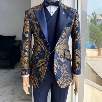Цветочные Жаккардовые мужские костюмы для свадьбы 2022, Смокинг Жениха с отворотом, 3 предмета, темно-синий Мужской Пиджак, жилет с брюками