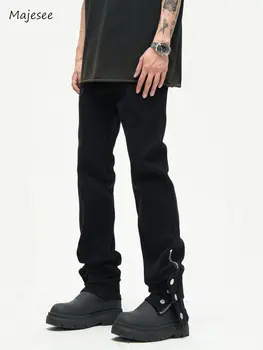 Черные джинсы, мужские прямые брюки, универсальный дизайн на пуговицах, американский стиль, Харадзюку, Хай-стрит, Винтажная летняя красивая одежда