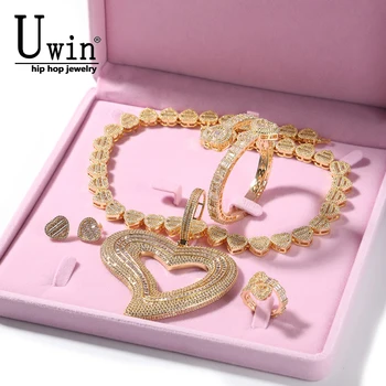 Ювелирный набор Uwin Heart Коллекции Love Style Iced Out CZ, подвеска в виде полого сердца, колье с сердечками, кольца, браслет, серьги для женщин