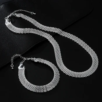 Ювелирный набор из стерлингового серебра 925 пробы, сетчатый браслет-цепочка, ожерелье, набор для женщин, модные вечерние наборы свадебных ювелирных изделий, подарки