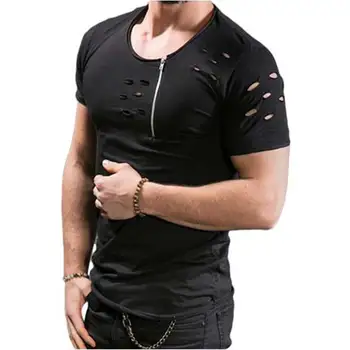 № 2 A127, футболка, Новая модная летняя повседневная футболка с короткими рукавами и дырками, мужская одежда